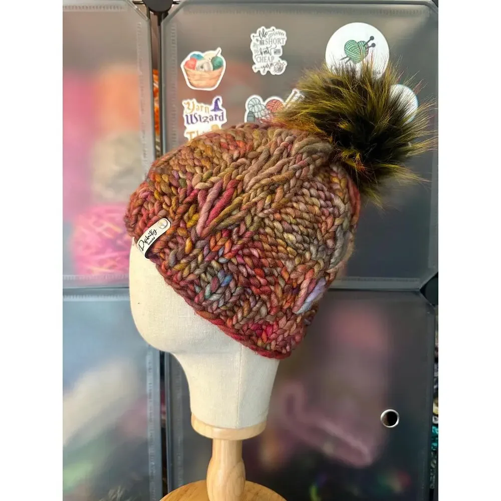 Hand Knit Merino Wool Scrappy Lake Erie Beanie: Faux Fur Pom - Adult Size